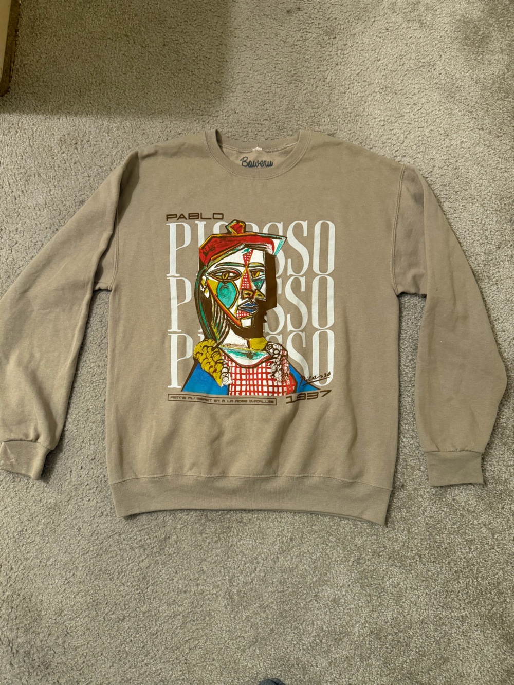 Bowery Supply Co. Men’s Tan Crewneck Sweatshirt with Picasso-Inspired Graphic